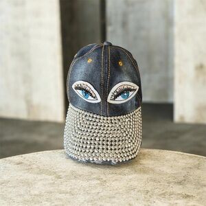 Embellished Denim Cap with Eye Design
